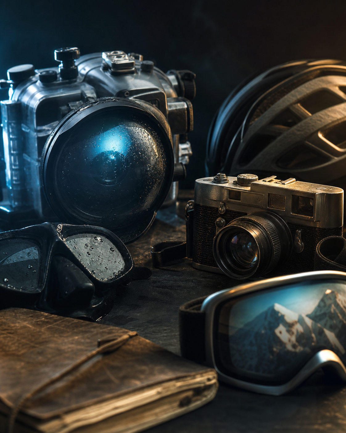 Underwater photography, diving, cycling and skiing equipment representing Andi Ciser's interests