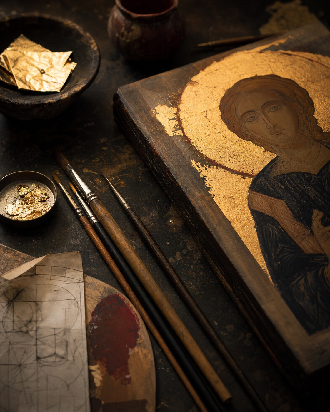 Icon painting tools and gold leaf representing Bogdan Caruntu's creative craft