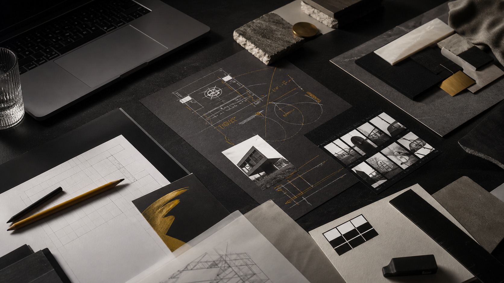 Creative strategy studio table with architectural plans, brand materials and photography